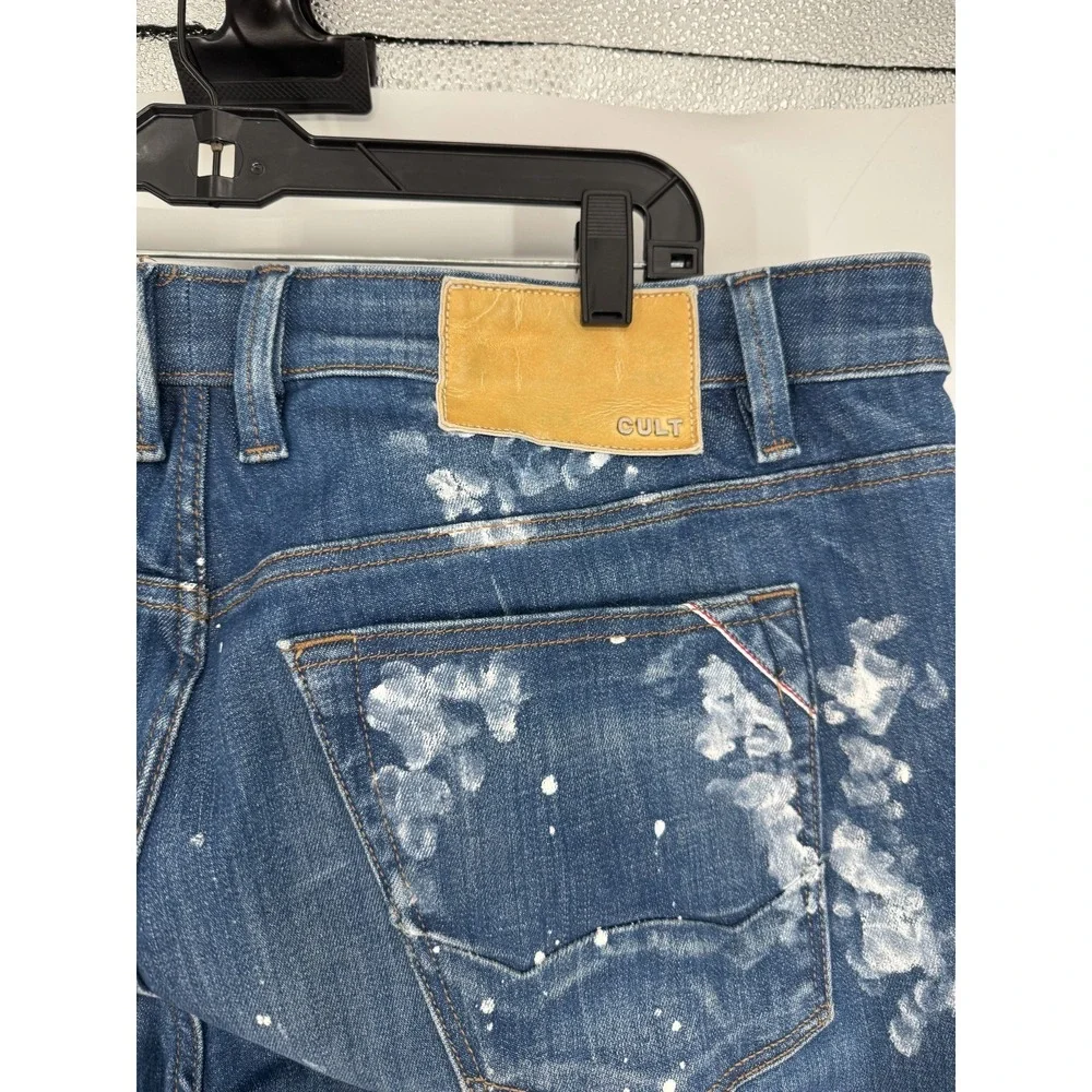 Cult Of Individuality Jeans Mens 42x33 Blue Denim Paint Splatter Rocker Slim Fit
